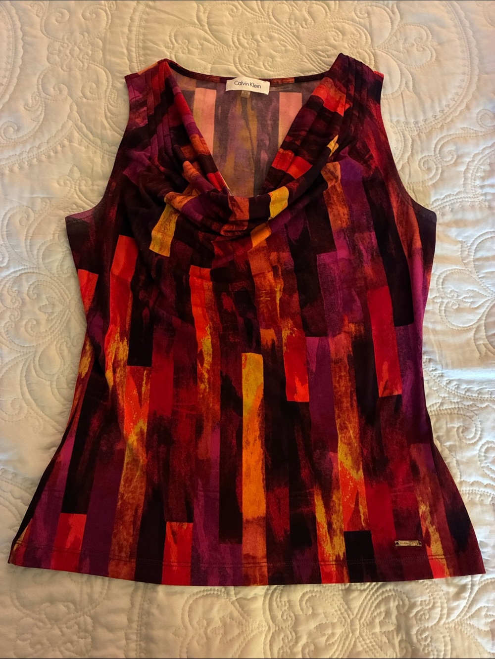 Calvin Klein PS Sleeveless Cowl Neck Camisole in Red, Purple and Orange Abstract